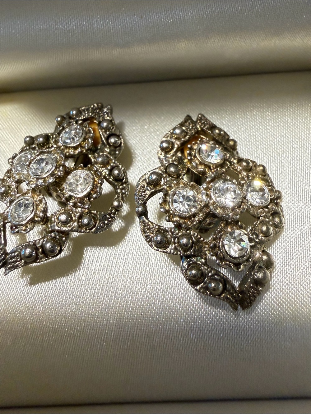 Silver-Tone Crystal Filigree Clip-On Earrings - Clear Stones
